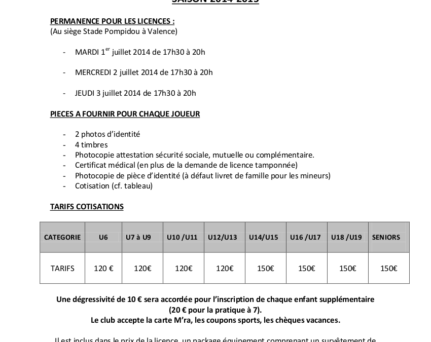 Permanences licences du 01/07/2014 au 03/07/2014