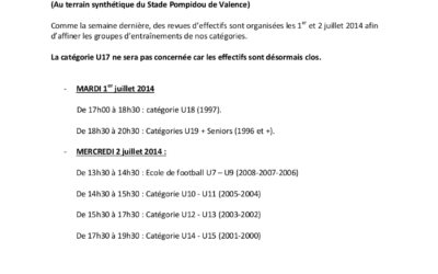 Revues d’effectifs (Suite): mardi 1er Juillet et mercredi 2 juillet 2014